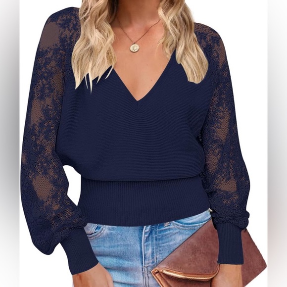 Merokeety v neck long laced sleeve ribbed pullover sweater Navy Blue XL - Picture 7 of 7